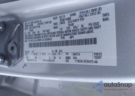 2013 Ford Escape Titanium из США, поврежденный, VIN 1FMCU9J99DUC92602